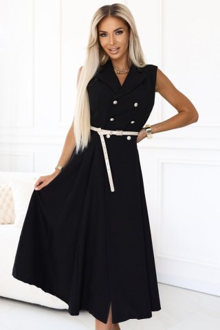596-3 Elegancka szmizjerka midi ze złotymi guzikami i paskiem - CZARNA