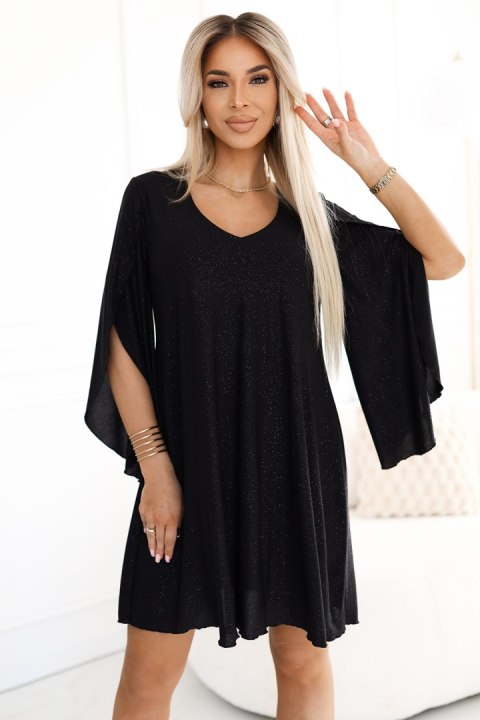 597-1 LIVIA Elegancka trapezowa sukienka z rękawami typu motyl - czarna z brokatem