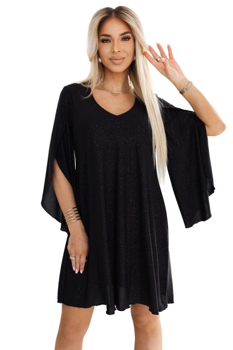 597-1 LIVIA Elegancka trapezowa sukienka z rękawami typu motyl - czarna z brokatem