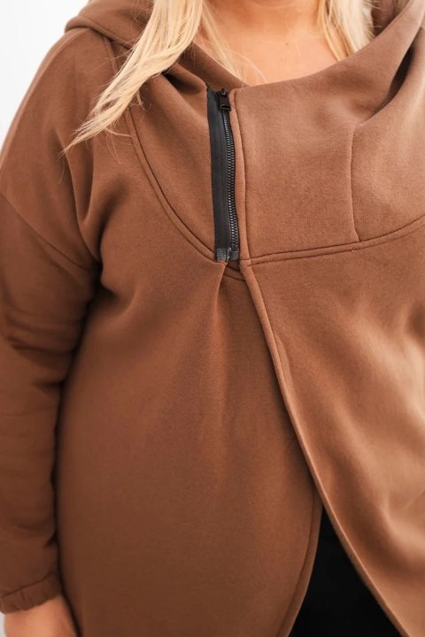 Bluza damska Plus Size ocieplana z kapturem i asymetrycznym zamkiem brązowa