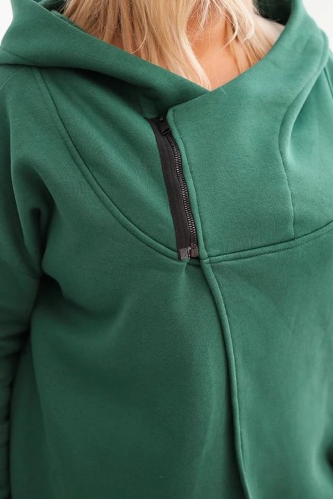 Bluza damska Plus Size ocieplana z kapturem i asymetrycznym zamkiem ciemno zielona