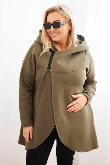 Bluza damska Plus Size ocieplana z kapturem i asymetrycznym zamkiem khaki