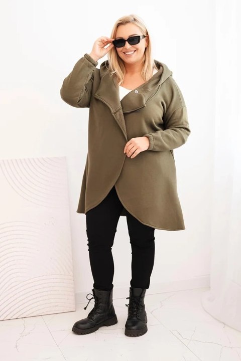 Bluza damska Plus Size ocieplana z kapturem i asymetrycznym zamkiem khaki