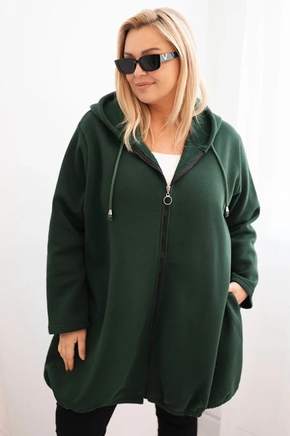 Bluza damska Plus Size ocieplana z kapturem i zamkiem ciemno zielona