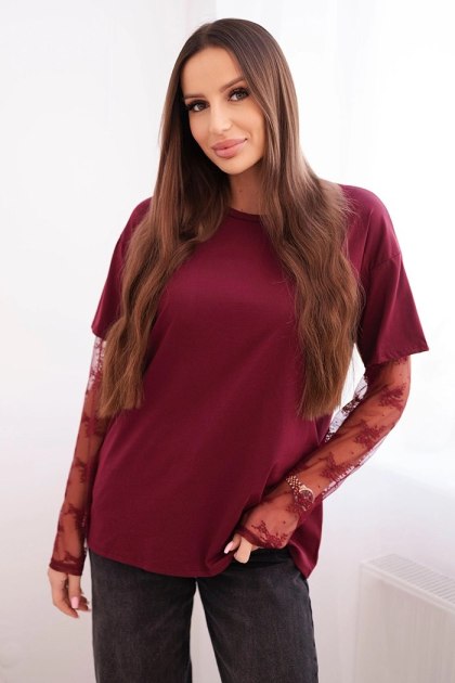 Bluzka damska bawełniana z koronkowymi rękawami bordowa