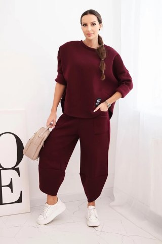 Komplet damski dresowy z grubszego materiału z szerokimi nogawkami bordowy