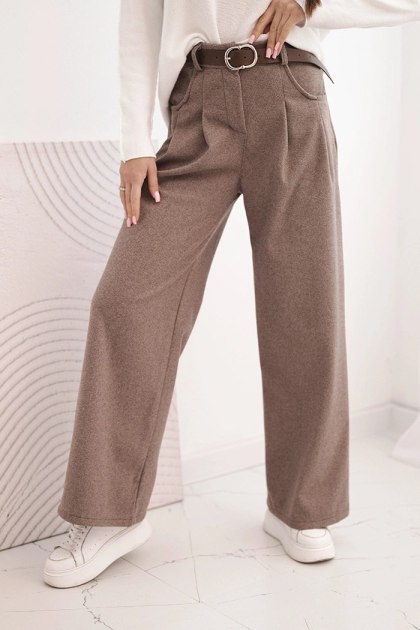 Spodnie damskie z szeroką nogawką i paskiem camelowe