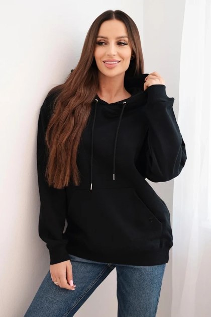 Bluza damska pętelkowa bawełniana z kapturem i kieszenią kangurką czarna