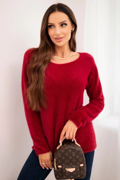 Sweter damski z miękkiej dzianiny z okrągłym dekoltem bordowy