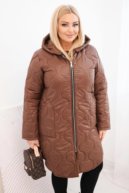 Kurtka damska Plus Size zimowa pikowana z kapturem czekoladowa