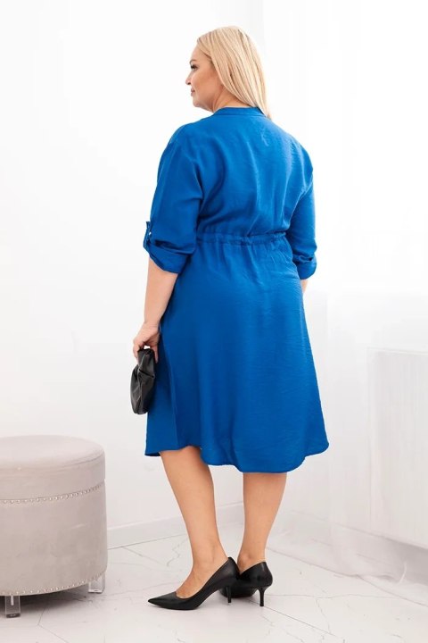 Sukienka damska z wiskozy Plus Size z guzikami i wiązaniem w talii chabrowa