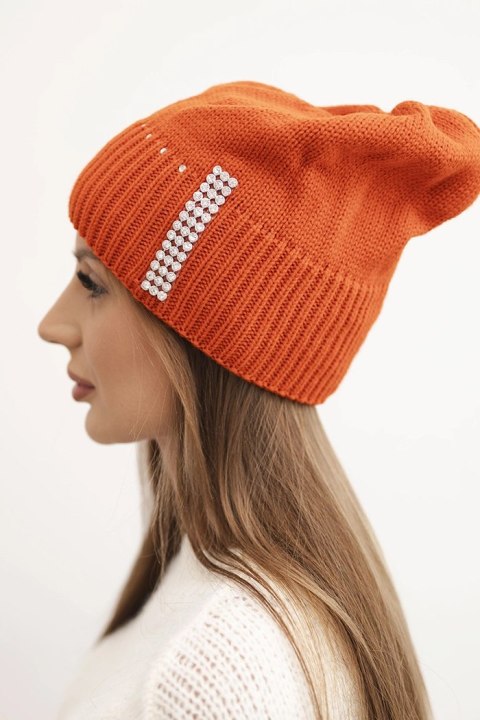 Czapka damska zimowa wełniana z cyrkoniami K453 pomarańczowa