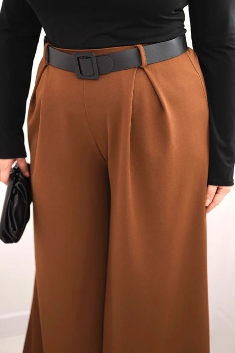 Spodnie damskie Plus Size z szeroką nogawką i paskiem czekoladowe