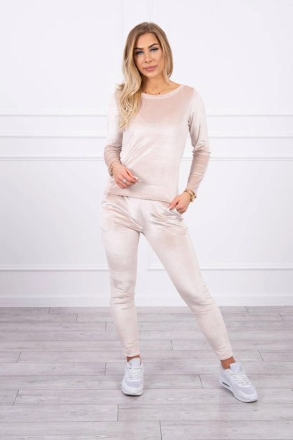 Komplet welurowy z marszczeniem z tyłu beżowy