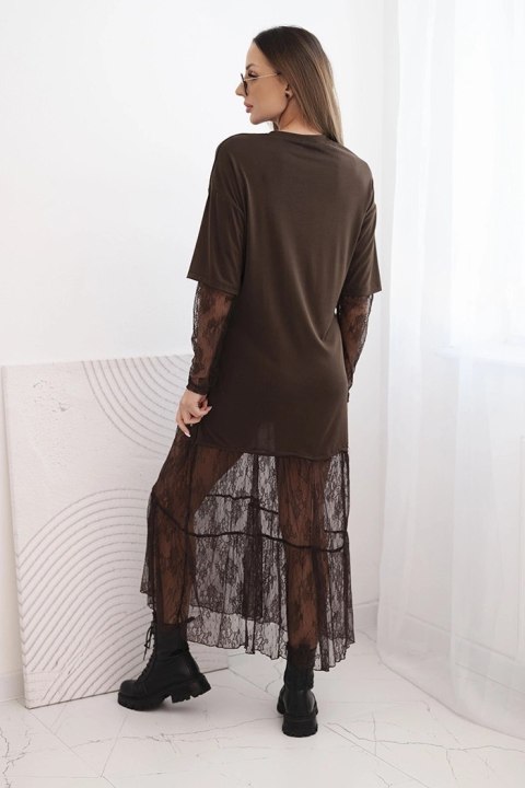 Sukienka damska z tiulowym dołem i rękawami brązowa