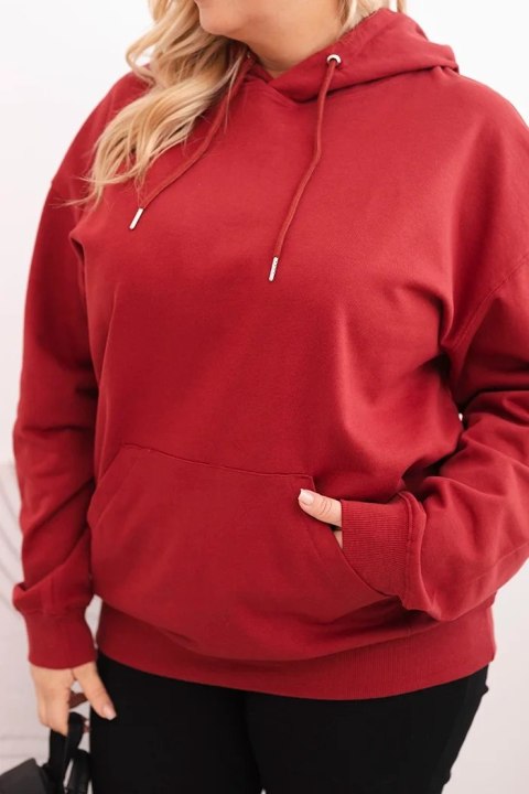 Bluza damska pętelkowa Plus Size bawełniana z kapturem i kieszenią kangurką bordowa