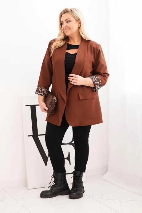 Elegancka czekoladowa marynarka damska Plus Size z podszewką w panterkę