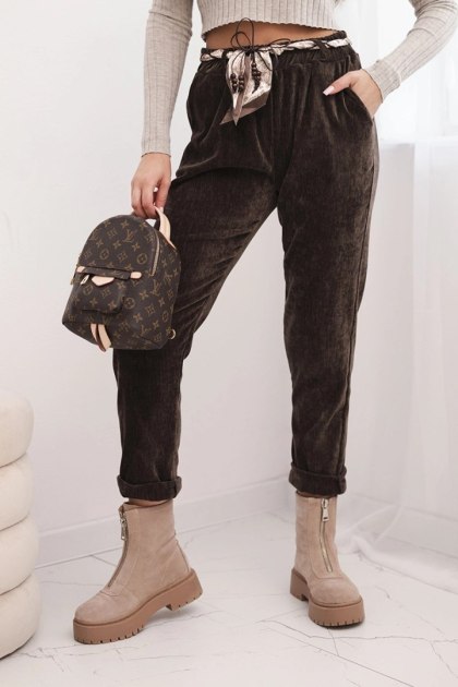 Spodnie damskie z wiskozy z apaszkowym paskiem brązowe