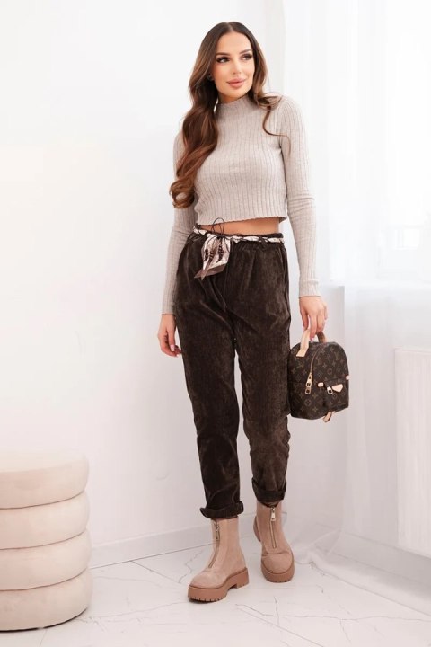 Spodnie damskie z wiskozy z apaszkowym paskiem brązowe