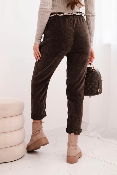 Spodnie damskie z wiskozy z apaszkowym paskiem brązowe