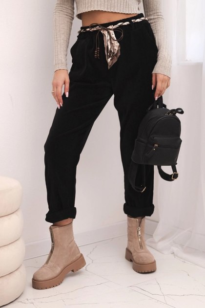 Spodnie damskie z wiskozy z apaszkowym paskiem czarne