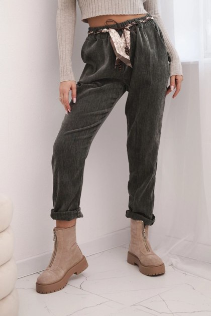 Spodnie damskie z wiskozy z apaszkowym paskiem khaki