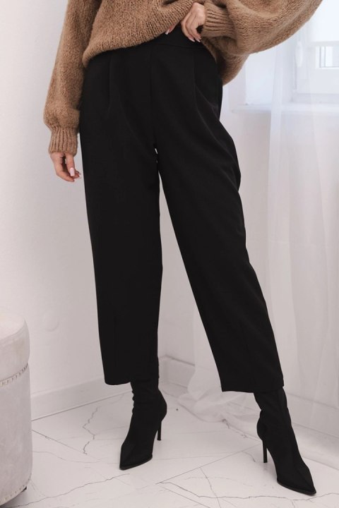 Spodnie damskie z wysokim stanem i zakładkami czarne