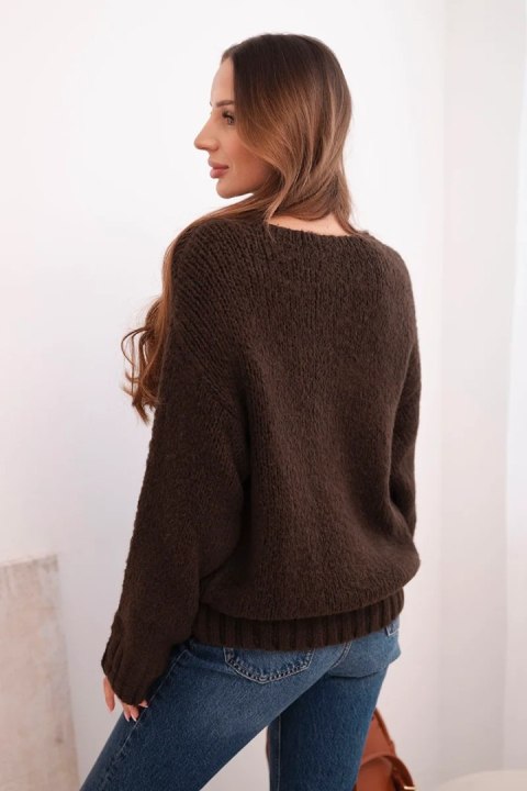 Sweter damski z domieszką wełny z dekoltem V brązowy