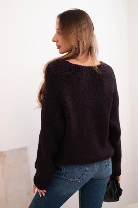 Sweter damski z domieszką wełny z dekoltem V śliwkowy