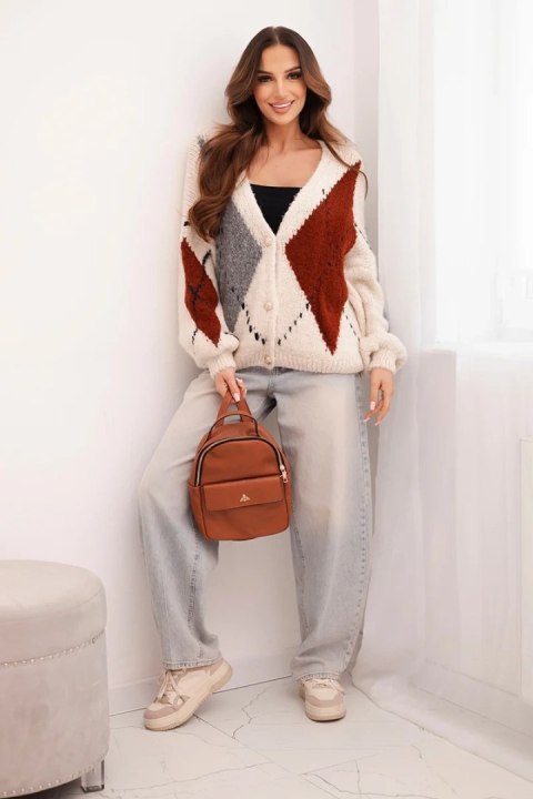 Sweter damski zapinany na guziki w romby z wełną beżowy