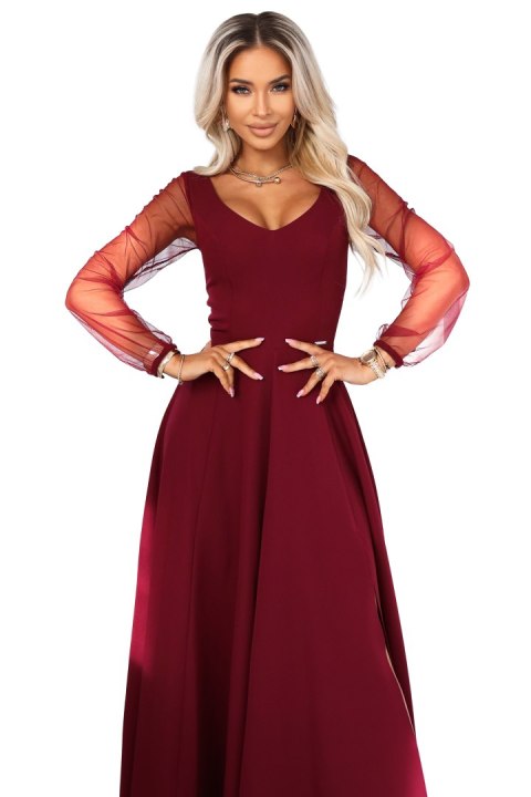 640-1 LORETTA wyjątkowa długa sukienka z tiulowymi rękawkami i dekoltem - bordowa
