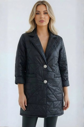 Kurtka damska Plus Size pikowana z ozdobnymi guzikami i kołnierzem czarna