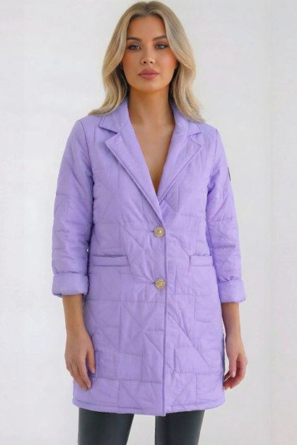 Kurtka damska Plus Size pikowana z ozdobnymi guzikami i kołnierzem jasno fioletowa