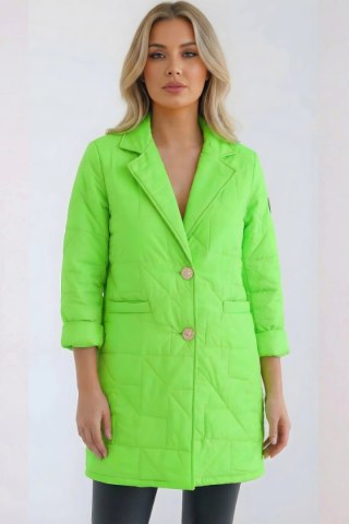 Kurtka damska Plus Size pikowana z ozdobnymi guzikami i kołnierzem zielony neon
