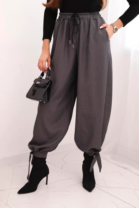 Spodnie damskie z szeroką nogawką i wiązaniem u dołu grafitowe