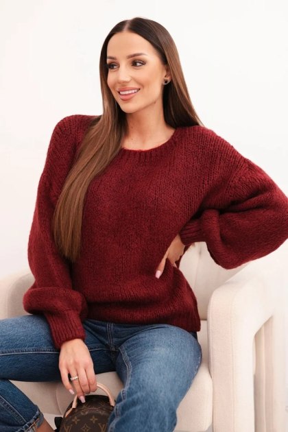 Sweter damski o grubym splocie z wełną i długim rękawem bordowy