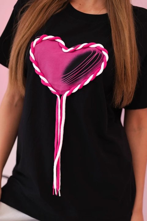 T-shirt damska bawełniana oversize z sercem i frędzlami czarna