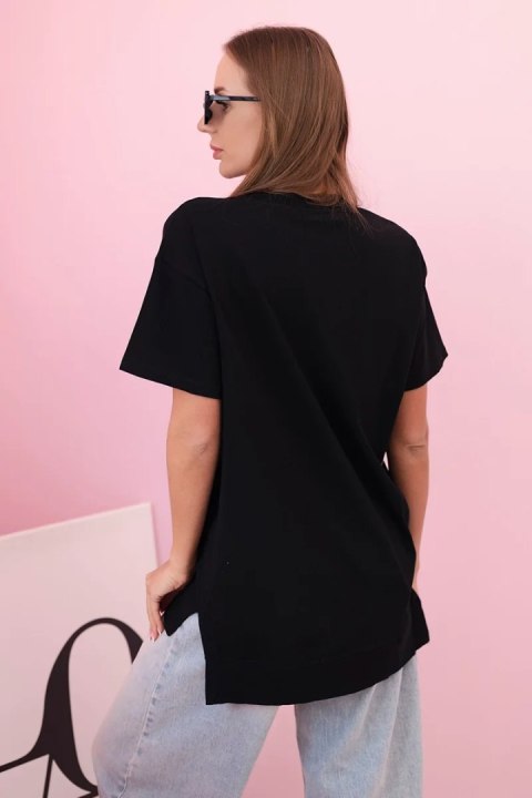 T-shirt damska bawełniana oversize z sercem i frędzlami czarna