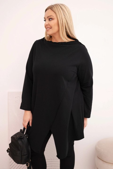 Bluzka damska bawełniana Plus Size asymetryczna z podwijanym rękawem czarna