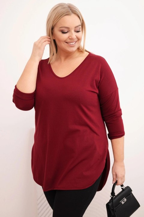 Bluzka damska bawełniana Plus Size z dekoltem V i podwijanym rękawem bordowa