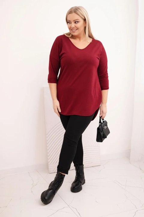 Bluzka damska bawełniana Plus Size z dekoltem V i podwijanym rękawem bordowa