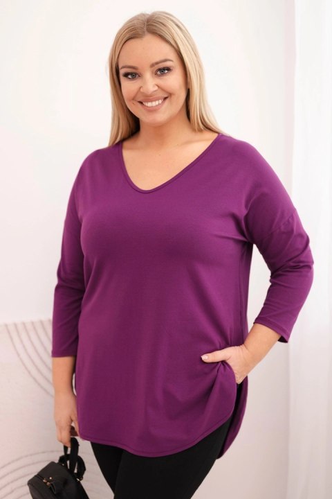 Bluzka damska bawełniana Plus Size z dekoltem V i podwijanym rękawem ciemno fioletowa
