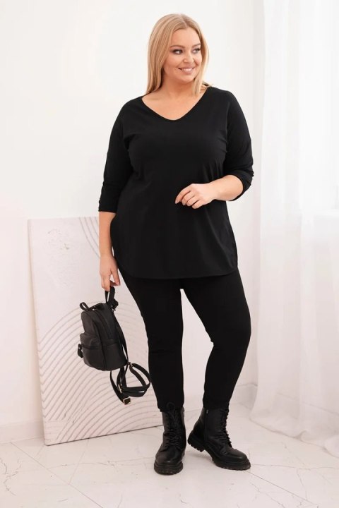 Bluzka damska bawełniana Plus Size z dekoltem V i podwijanym rękawem czarna