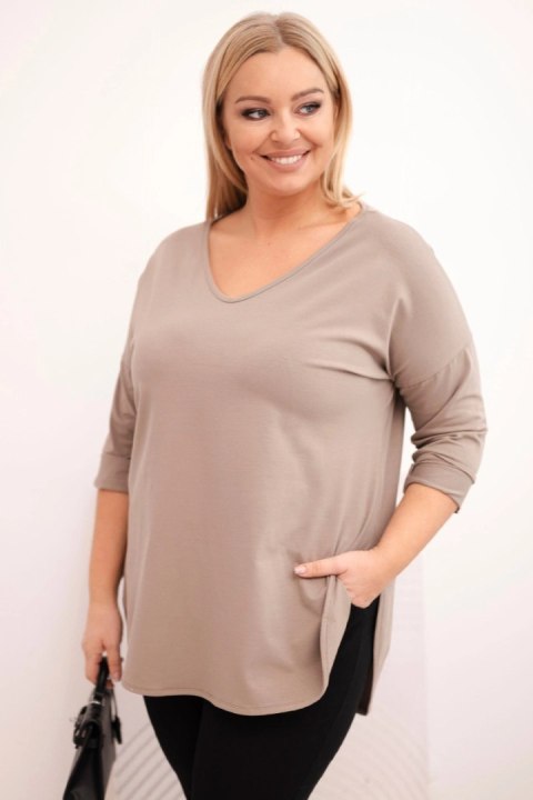 Bluzka damska bawełniana Plus Size z dekoltem V i podwijanym rękawem fango