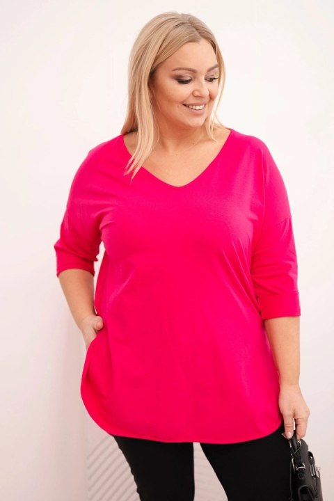 Bluzka damska bawełniana Plus Size z dekoltem V i podwijanym rękawem fuksja