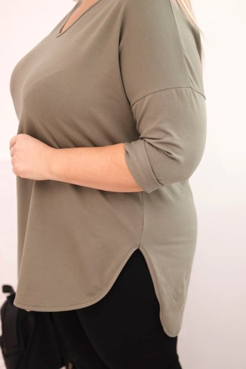 Bluzka damska bawełniana Plus Size z dekoltem V i podwijanym rękawem khaki