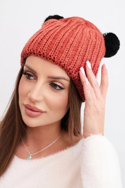 Czapka damska zimowa wełniana z pomponem K433 ruda