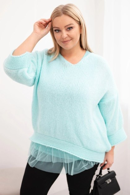 Komplet damski sweter z dekoltem V i bluzka wiskozowa z koronkowym dołem miętowy