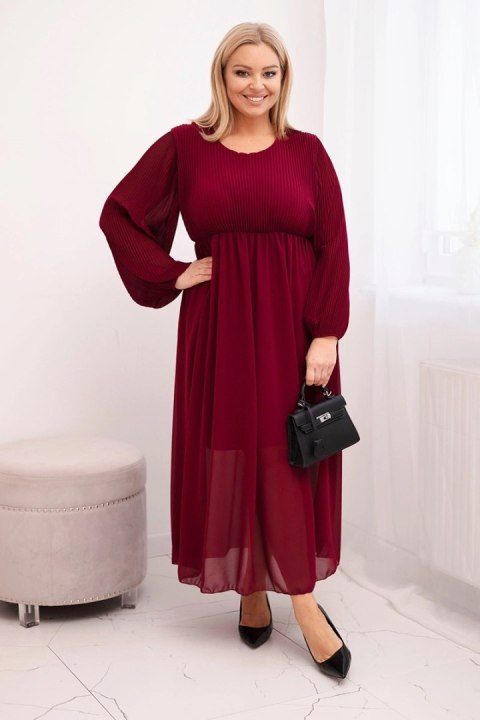 Sukienka plisowana damska Plus Size z wiskozy i z długim rękawem bordowa