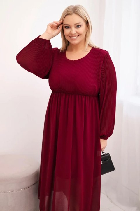 Sukienka plisowana damska Plus Size z wiskozy i z długim rękawem bordowa